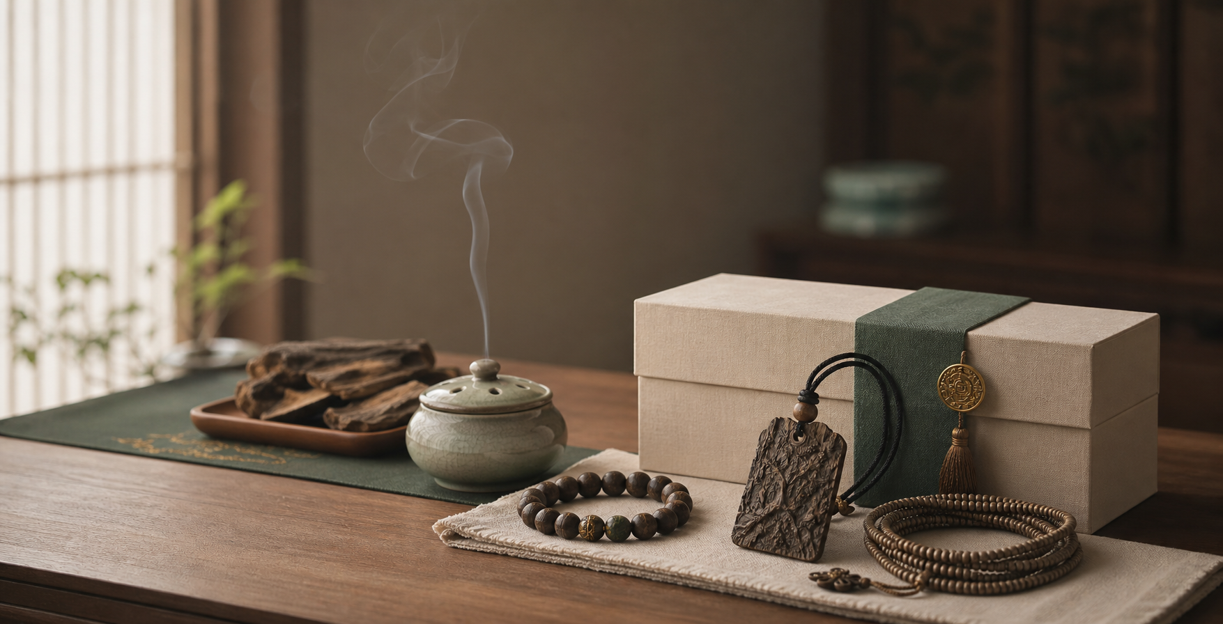 Agarwood incense, burner, and gift packaging